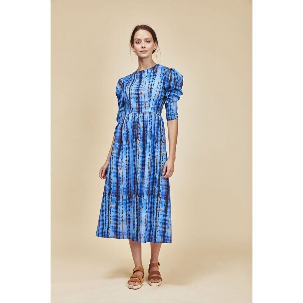 HUNTER BELL Pleats Midi Dress Womenβs Size 2 Crew-neck 3/4 Sleeves Tie-dye Blue